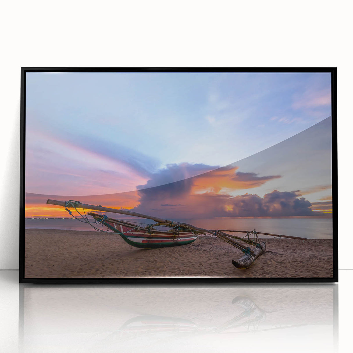 Large abstract wall art featuring a stylized Sri Lankan landscape in muted earth tones, framed in black acrylic.