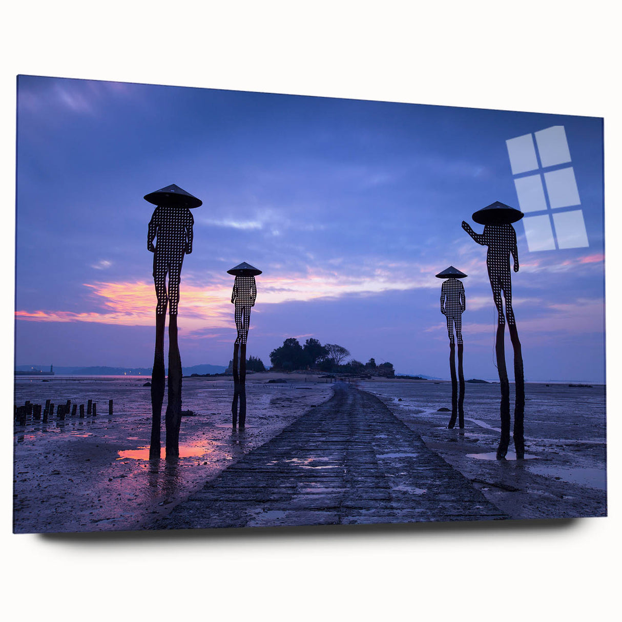 Large abstract wall art of a serene Taiwan landscape in muted greens and blues, acrylic print.