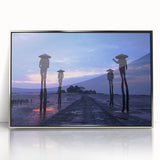 Framed acrylic print of a mid-century modernist Taiwan landscape in muted earth tones, ideal for nursery wall art.