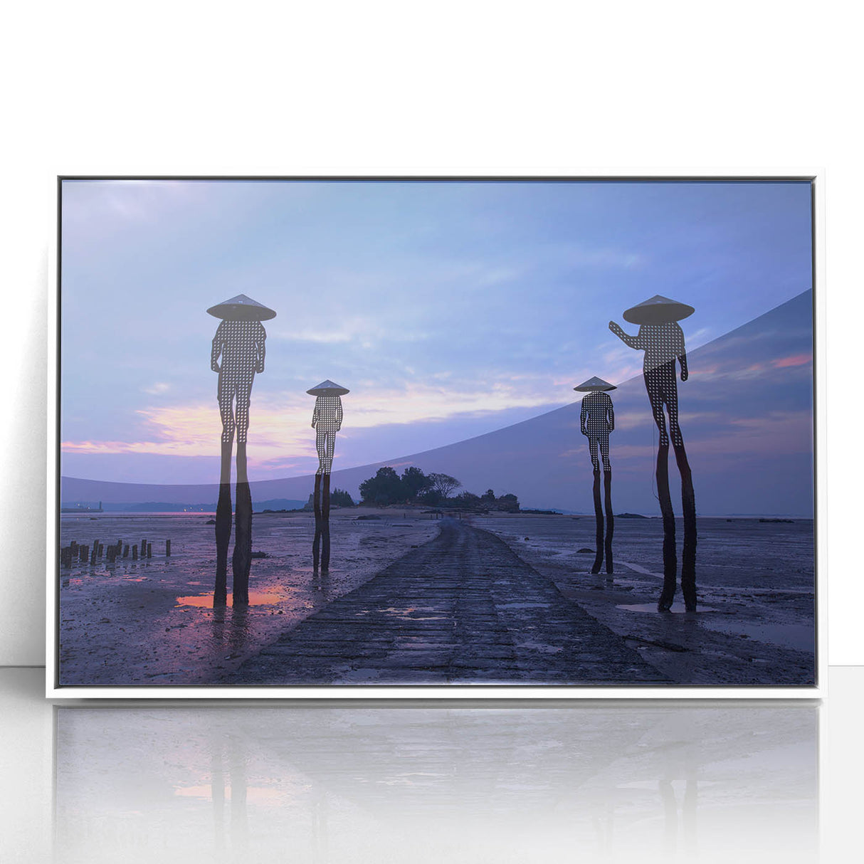 Art deco poster of a serene Taiwan landscape in muted green and blue tones, acrylic framed, ideal for modern art wall decor.