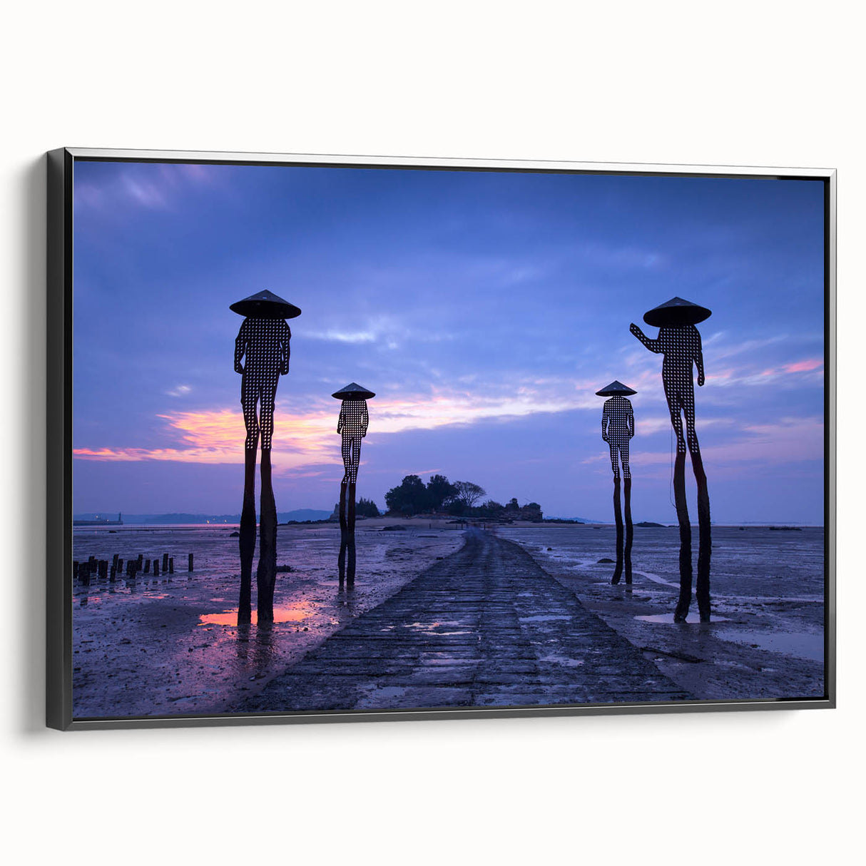 Black and white framed canvas featuring a vintage poster-style landscape of Taiwan, ideal for bedroom wall art.