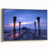 Framed canvas featuring a vintage-style landscape painting of Taiwan, in gold and black tones, ideal for bedroom wall art.