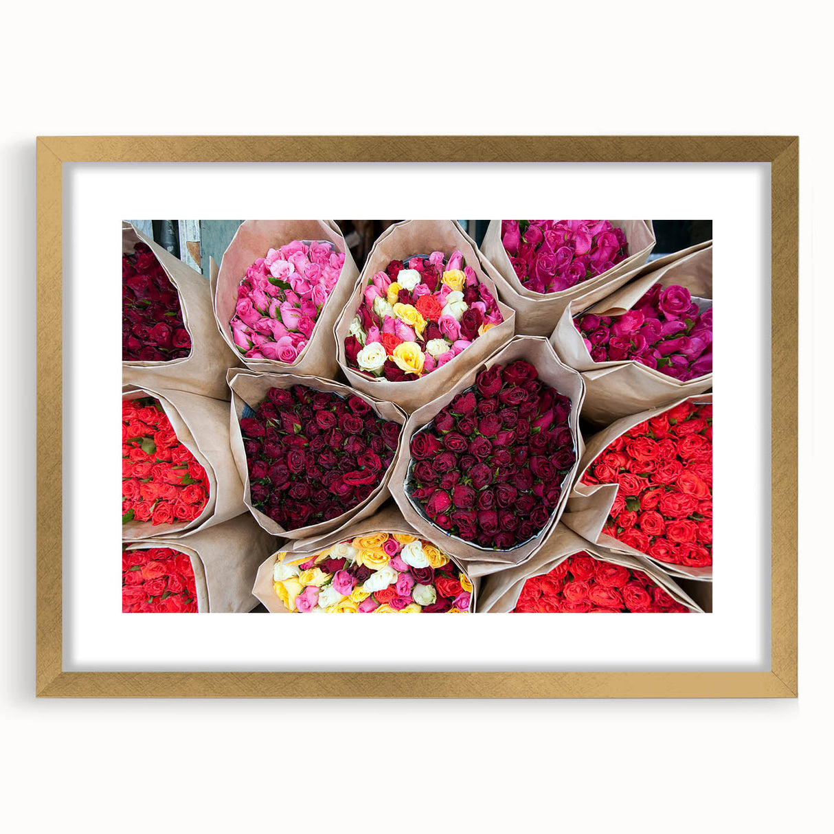 Extra large abstract art print of Bangkok skyline in textured gold frame, with vibrant hues, ideal for living room decor.