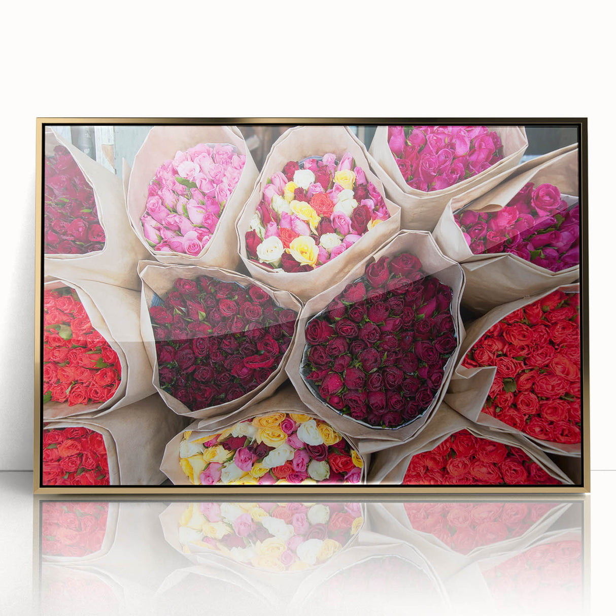 Framed acrylic print of Bangkok skyline in gold and blue tones, ideal for modern art wall decor.