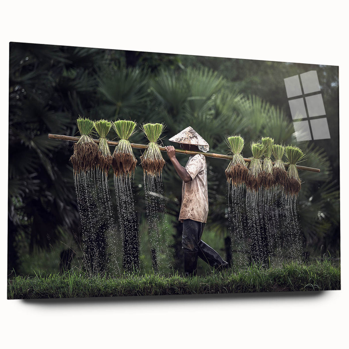 Large abstract wall art depicting a serene Thai landscape in muted green and blue tones, acrylic print.