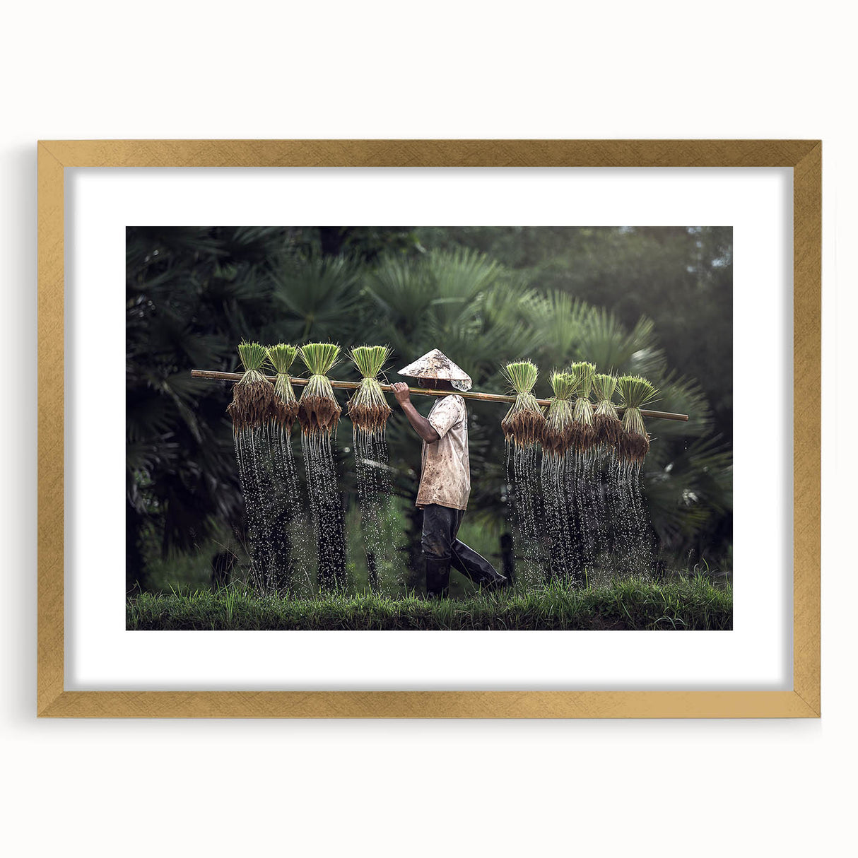Extra large abstract art print depicting a textured scenery of Thailand in muted gold and green tones, framed with a mat.