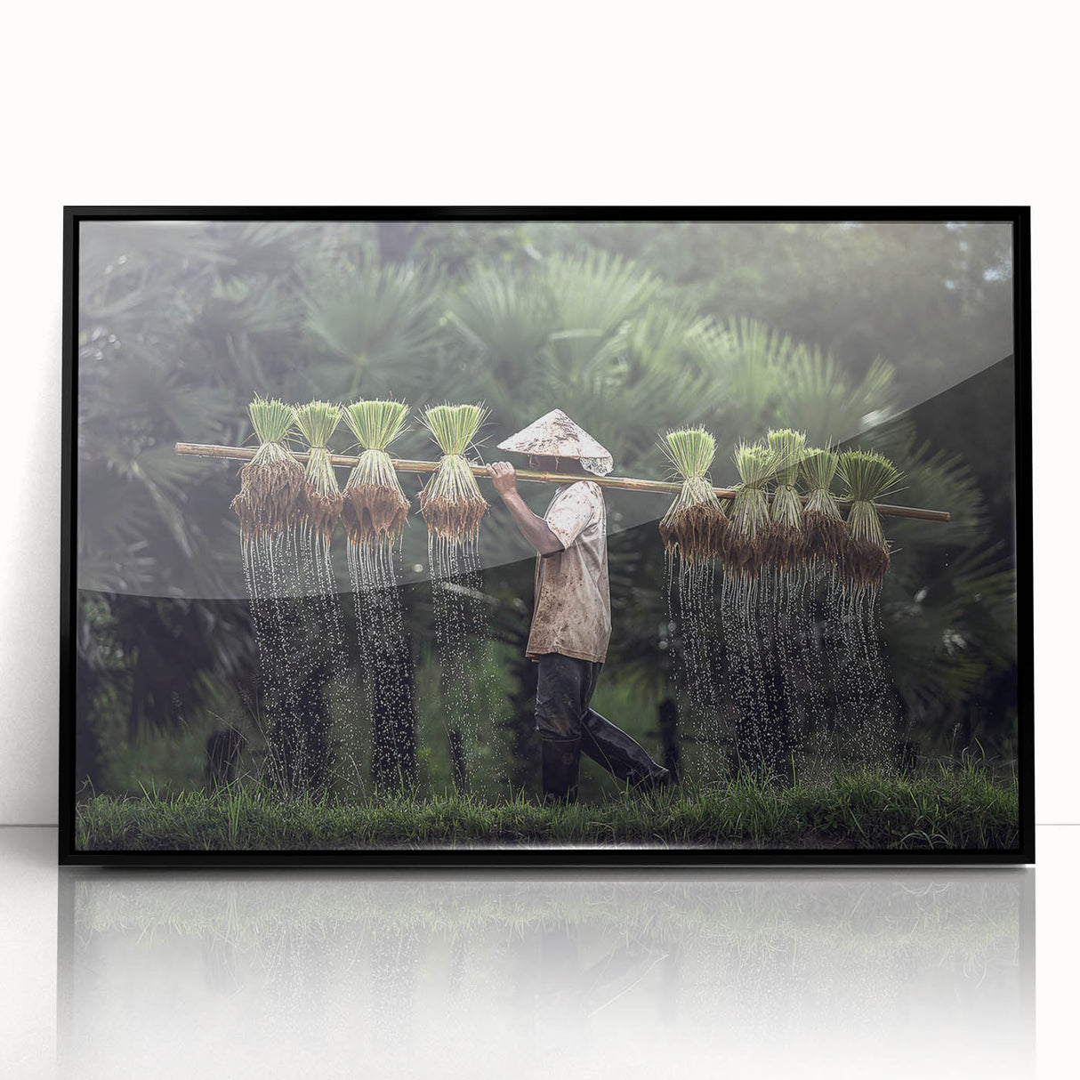 Large abstract wall art featuring a mid-century modernist design of a Thai landscape in muted earth tones.