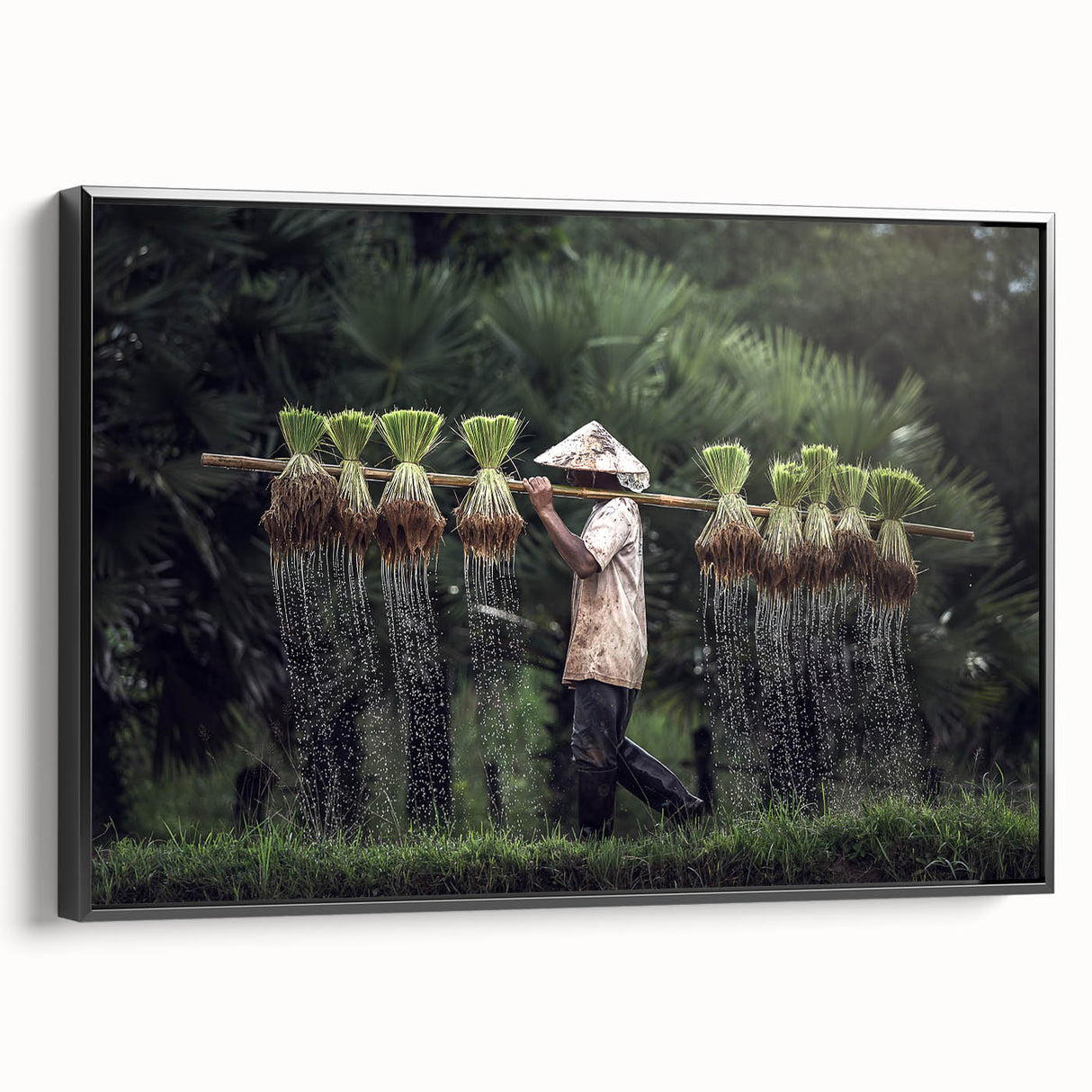 Black and white landscape art painting of Thailand scenery on framed canvas, ideal for bedroom wall decor.
