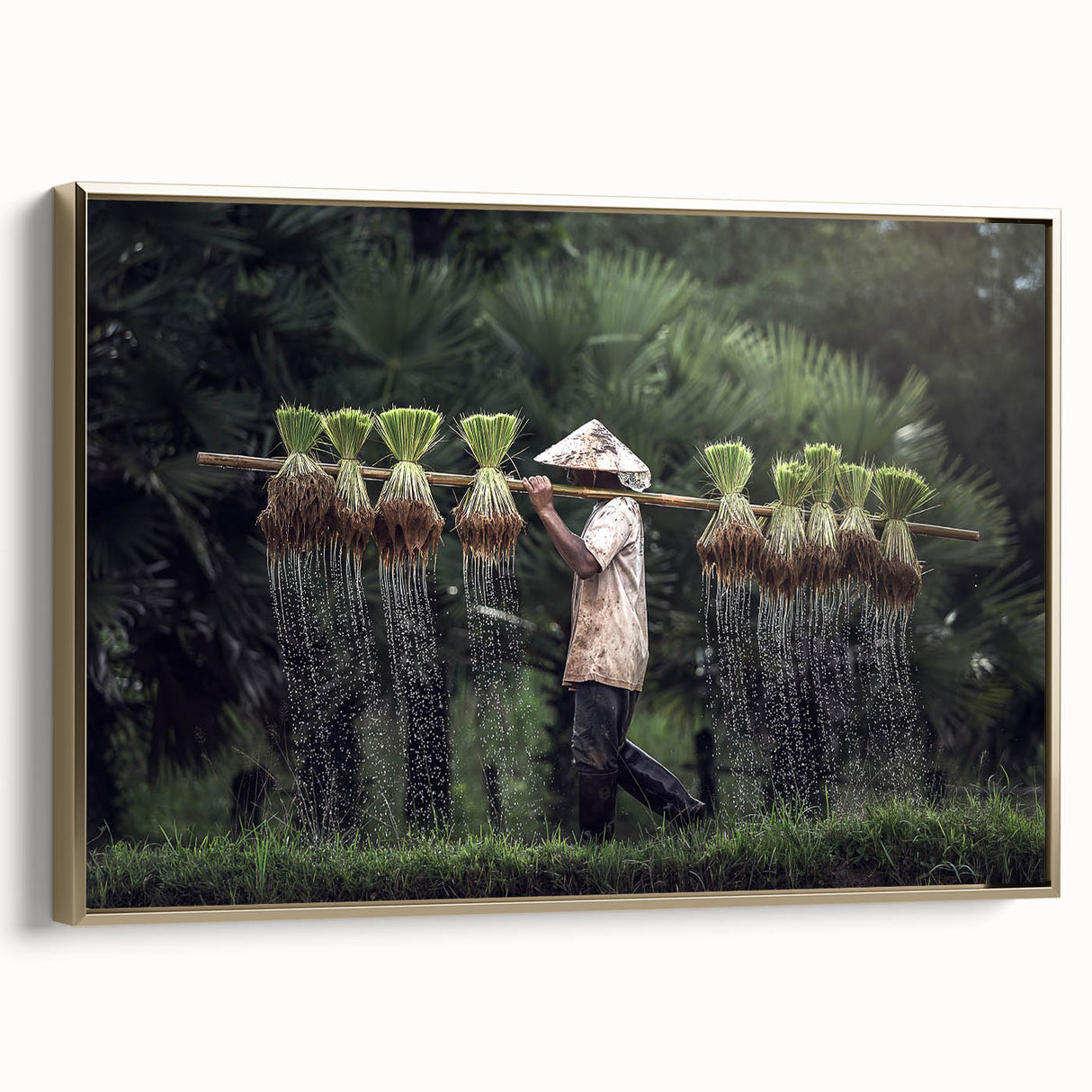 Framed canvas featuring a vintage-style landscape painting of a serene Thai scenery in gold and black tones.