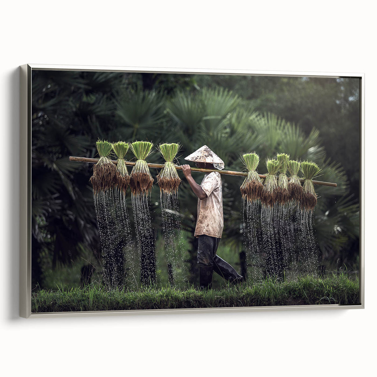 Landscape art painting of a Thai scenery on framed canvas, featuring vibrant colors and vintage poster style.