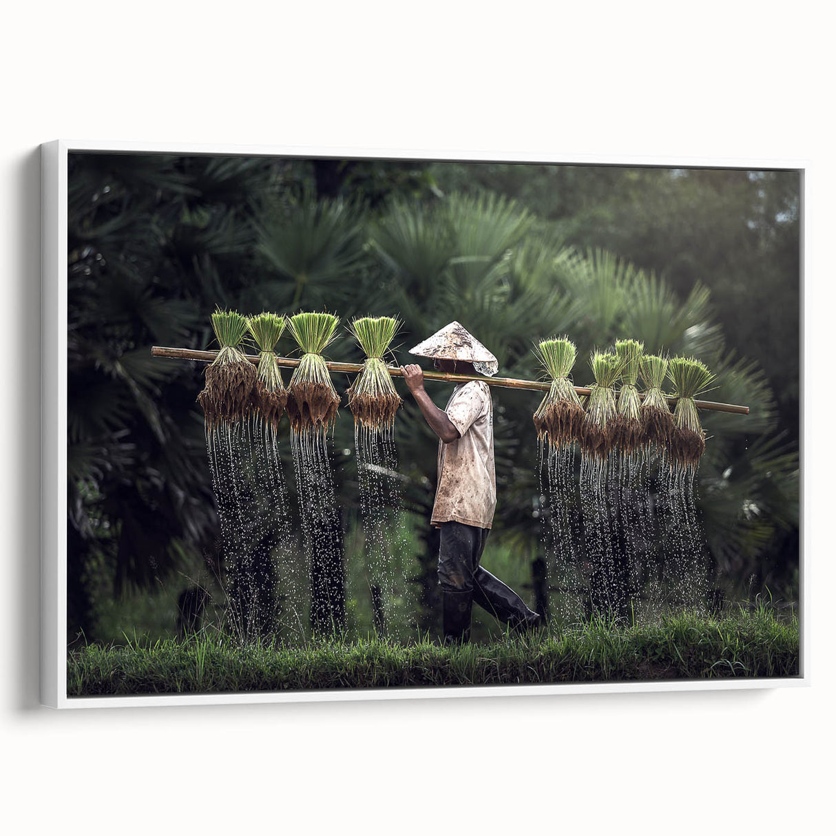Vintage poster art of a Thai landscape on a large framed canvas, featuring colorful art in pastel shades.