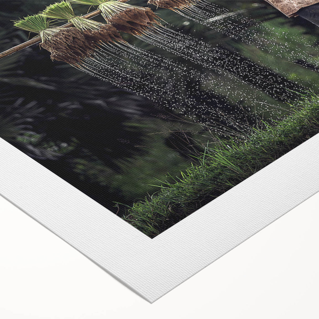 Art deco poster of a serene Thai landscape in muted green and blue tones, printed on rolled canvas.