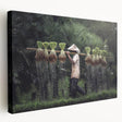 Large stretched canvas depicting a serene Thai landscape in soft green and blue tones, suitable for kitchen wall art.