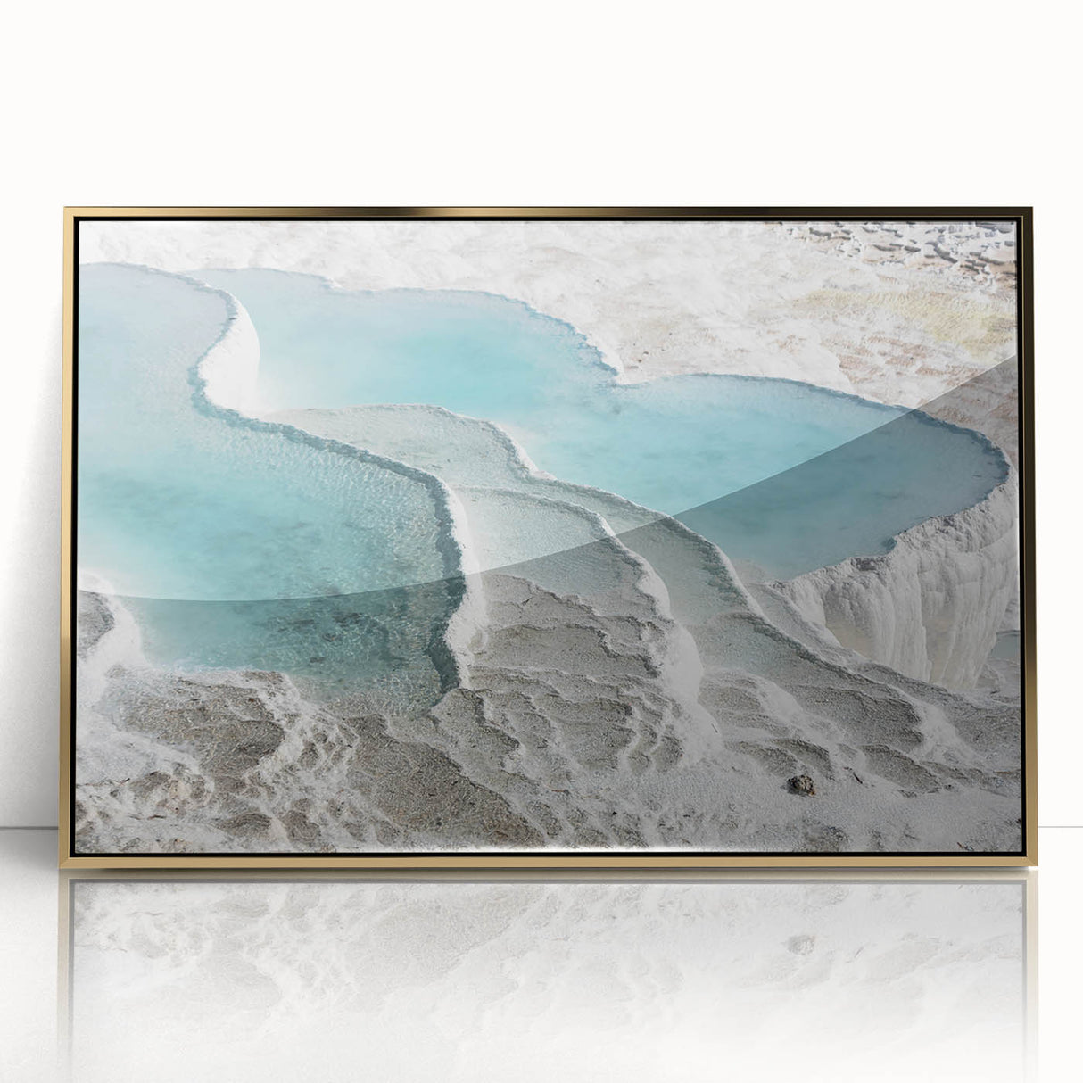 Large art print of a Turkish landscape in gold tones on acrylic, framed, ideal for modern nursery decor.