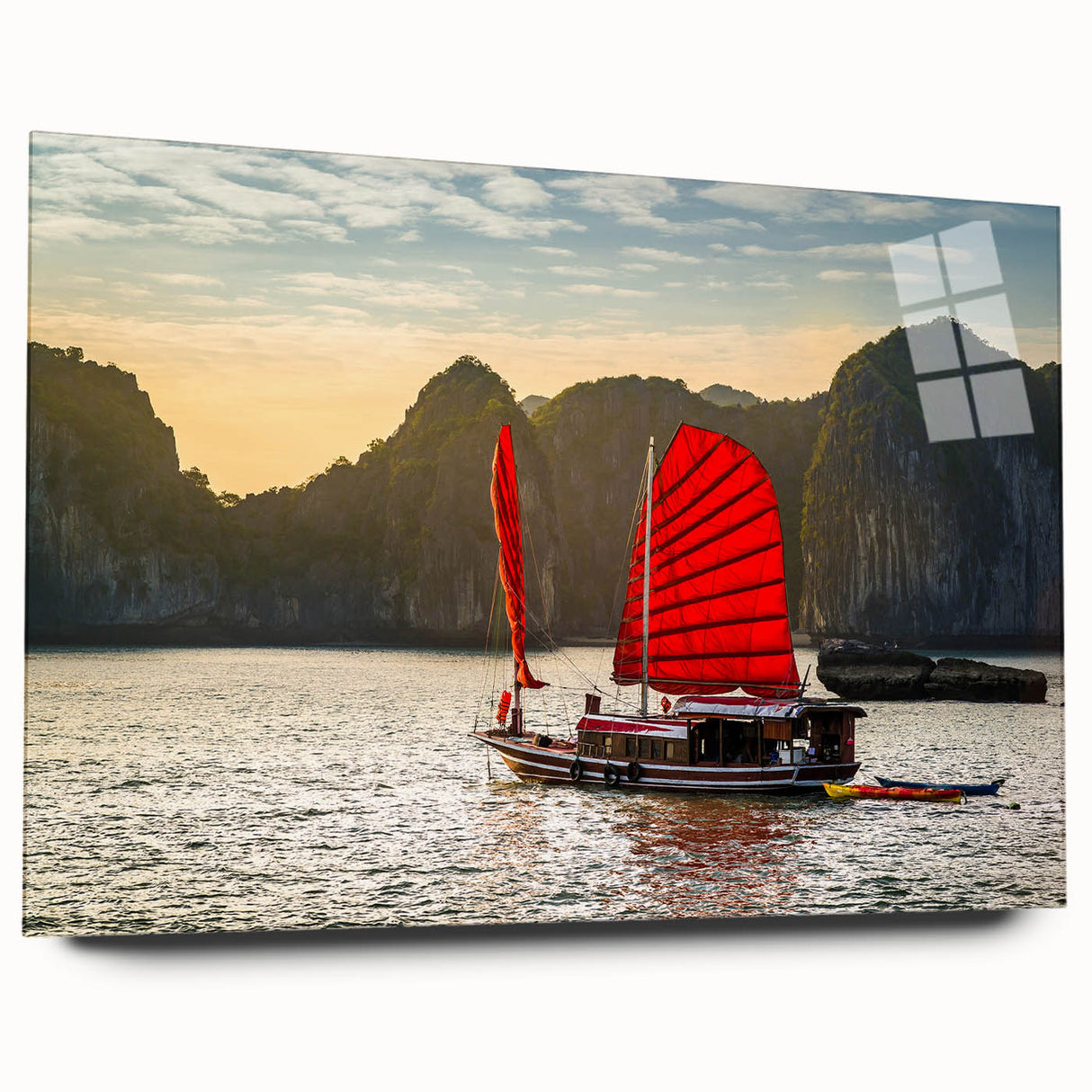 Large abstract wall art featuring a serene Vietnamese landscape in muted earth tones on acrylic glass.