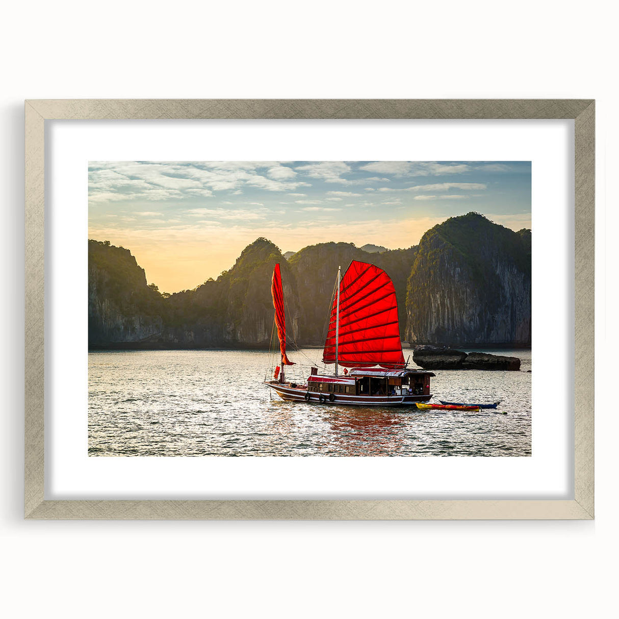 Textured art print of an abstract Vietnamese landscape in muted green and brown tones, framed in silver.