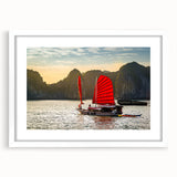 Abstract art print depicting a serene Vietnamese landscape in muted green and blue tones on a framed white canvas.