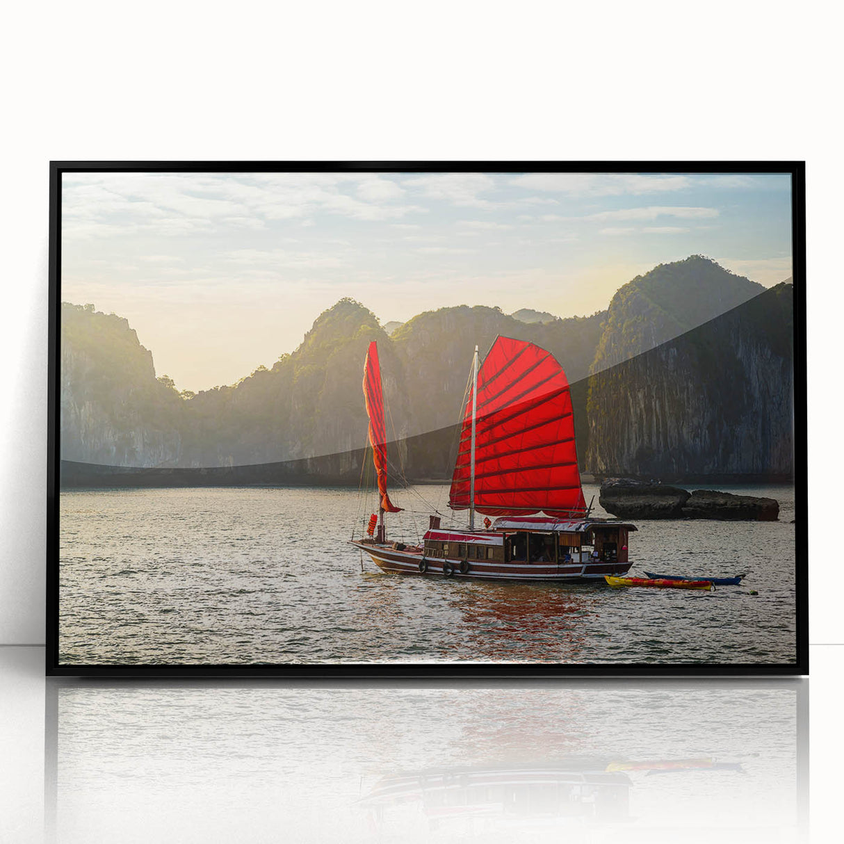 Large abstract wall art featuring a stylized Vietnamese landscape in muted earth tones, framed in black acrylic.