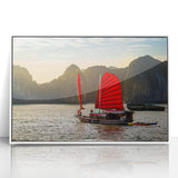 Acrylic print of a Vietnamese landscape in muted green and blue, framed in white, ideal for modern art wall decor.