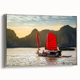Framed canvas featuring a vintage-style landscape art painting of a Vietnamese scenery in colorful hues.