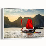 Vintage poster art of a Vietnamese landscape in vibrant colors on a framed canvas, ideal for living room decor.