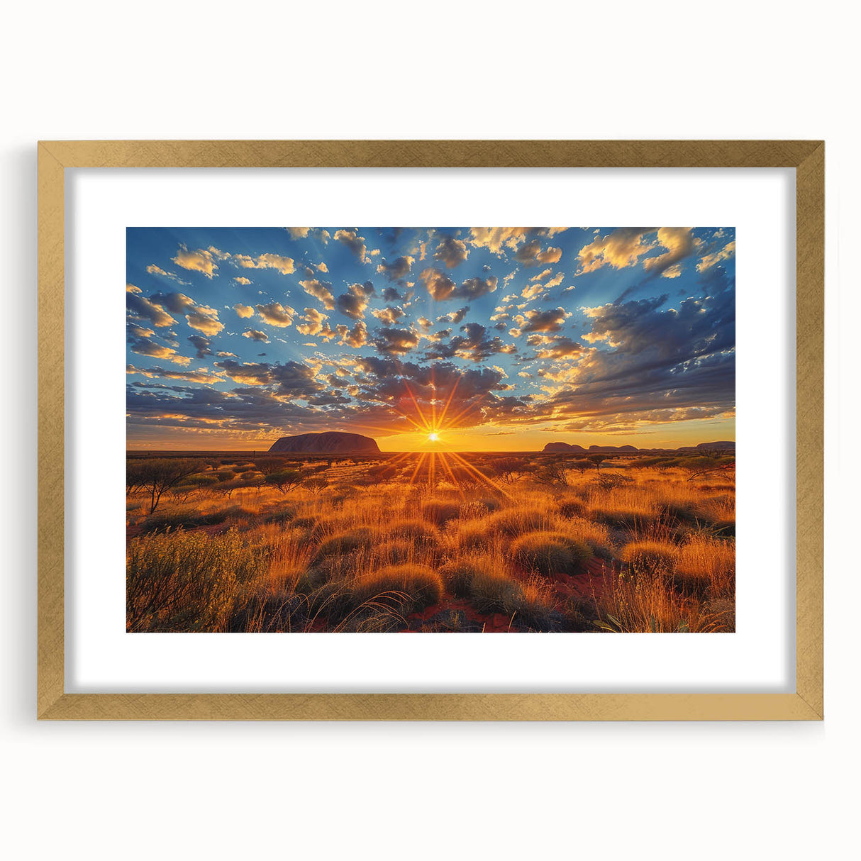 Textured art print of Ayers Rock in muted orange and brown tones on a gold-framed canvas, suitable for bedroom decor.