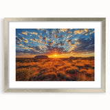 Abstract art print of Ayers Rock in muted orange and brown tones on a framed silver mat, suitable for dining room decor.