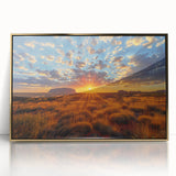 Mid-century modernist art depicting Ayers Rock in muted earth tones on a framed acrylic panel.