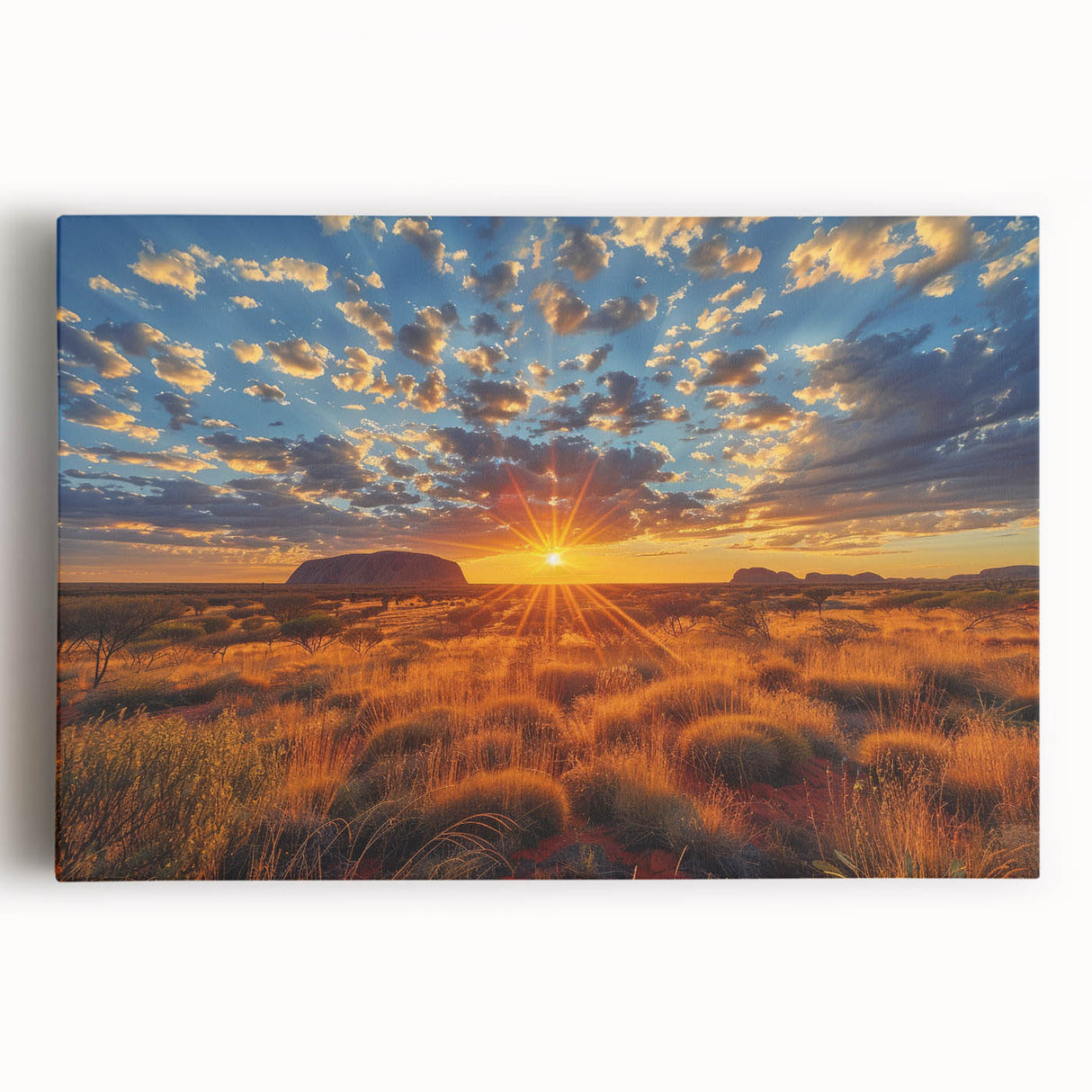 Black and white photograph of Ayers Rock on stretched canvas, suitable as large kitchen wall art.