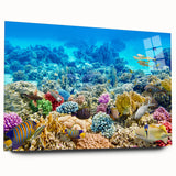 Large abstract depiction of the Great Barrier Reef in vibrant blue and green tones on acrylic glass.
