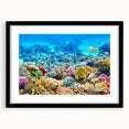 Extra large, colorful abstract art print of the Great Barrier Reef in vibrant blue and green tones, framed in black.