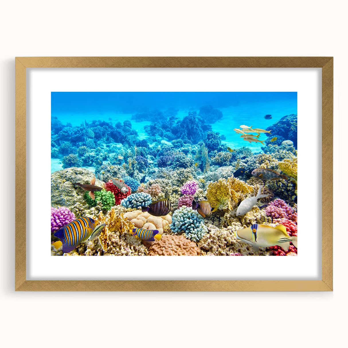 Textured art print of the Great Barrier Reef in abstract style, featuring vibrant blue and green colors on a framed canvas.