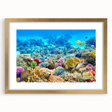 Textured art print of the Great Barrier Reef in abstract style, featuring vibrant blue and green colors on a framed canvas.