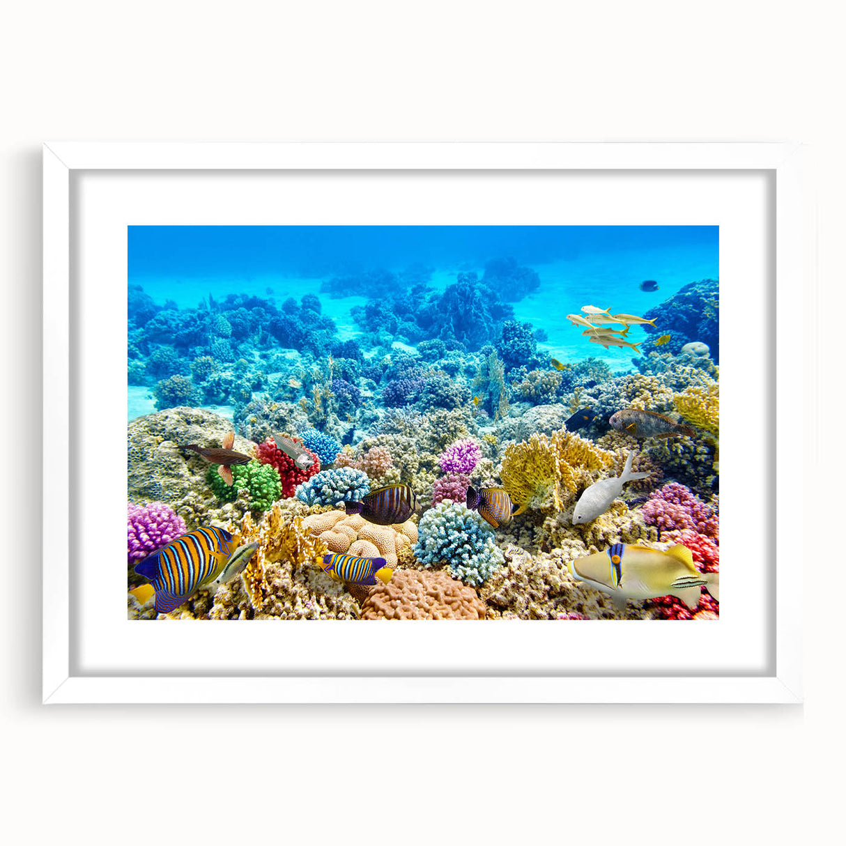Extra large framed wall art of an abstract representation of the Great Barrier Reef in pastel blues and greens.