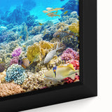 Extra large black wall art canvas of the Great Barrier Reef, featuring vibrant, textured colors, ideal for living room decor.