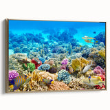 Landscape art painting of the Great Barrier Reef on framed canvas, featuring vibrant blue and green tones.