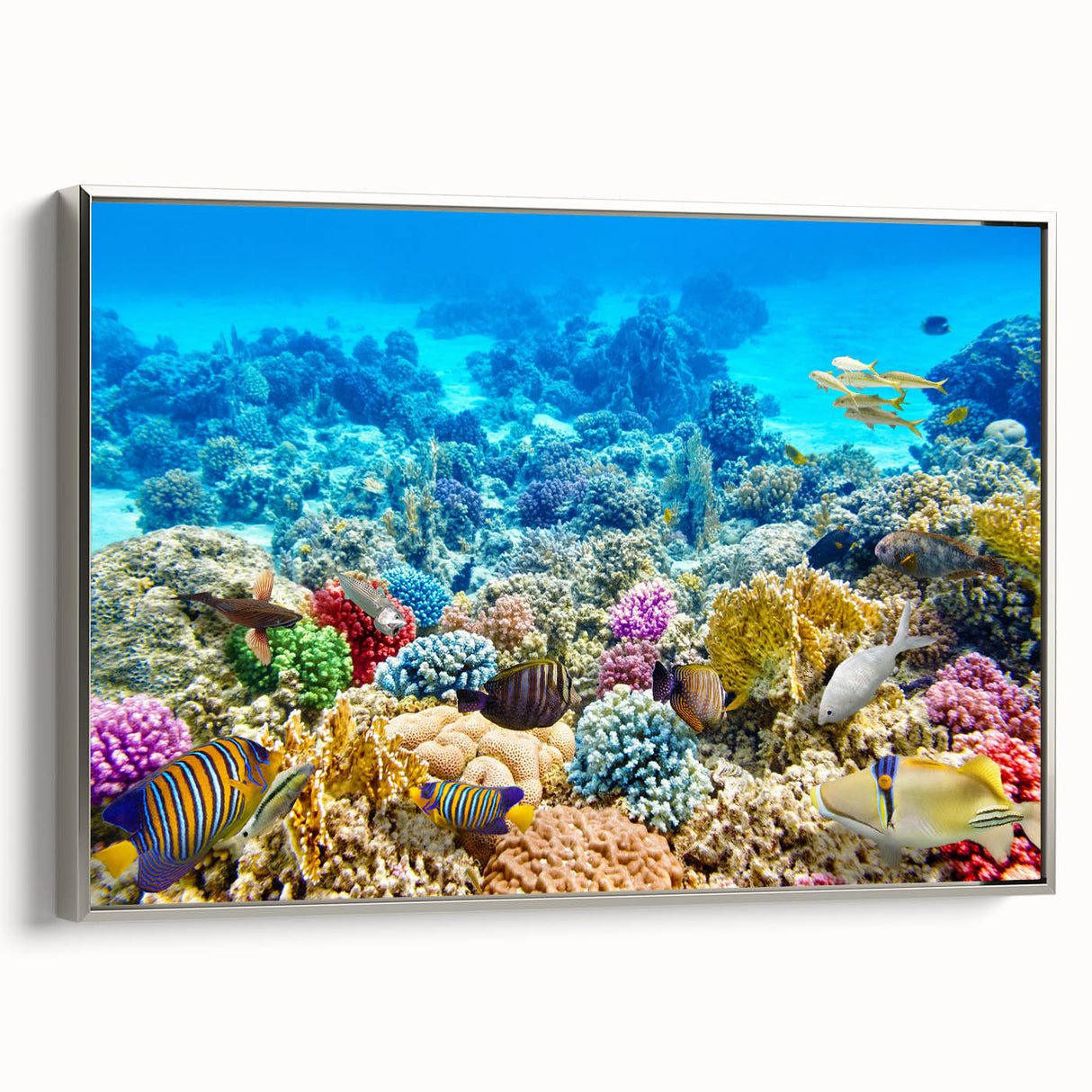 Vintage poster art of the Great Barrier Reef on a framed canvas, featuring a colorful palette, ideal for living room decor.