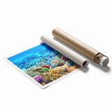 Extra large wall art depicting the Great Barrier Reef in vibrant blues and greens on a rolled canvas.