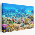 Large canvas print depicting the Great Barrier Reef in vibrant blue and green hues, suitable for kitchen wall art.