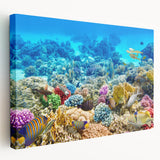Large canvas print depicting the Great Barrier Reef in vibrant blue and green hues, suitable for kitchen wall art.