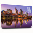 Acrylic print of a large abstract depiction of Melbourne in muted gray and blue tones.