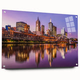 Acrylic print of a large abstract depiction of Melbourne in muted gray and blue tones.