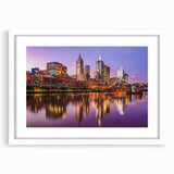 Extra large abstract art print of Melbourne scenery in textured style, framed in white, ideal for living room decor.