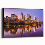 Black and white framed canvas of Melbourne landscape, featuring vintage poster art style, ideal for bedroom wall decor.