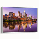 Framed canvas of Melbourne landscape in muted black and white, ideal for bedroom wall art.