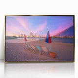 Mid-century modernist art of Perth skyline in gold and blue tones on framed acrylic, suitable for nursery wall decor.