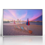 Framed acrylic print of Perth skyline in muted pastel colors, suitable for modern nursery wall art.