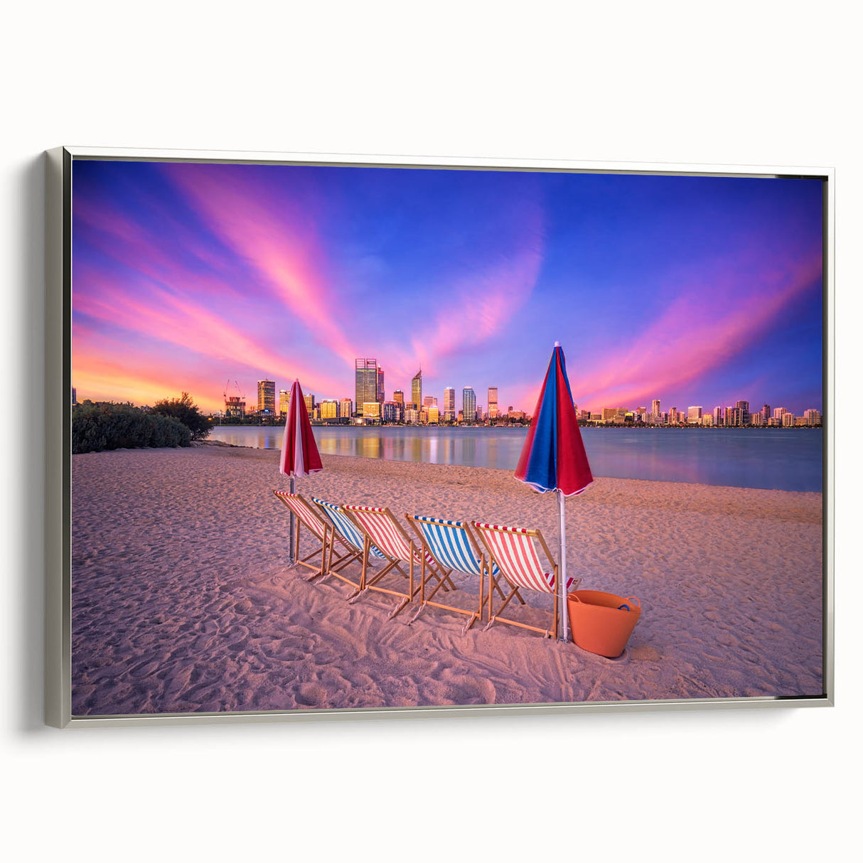 Vintage poster art of Perth scenery on extra large framed canvas with colorful accents, suitable for living room decor.