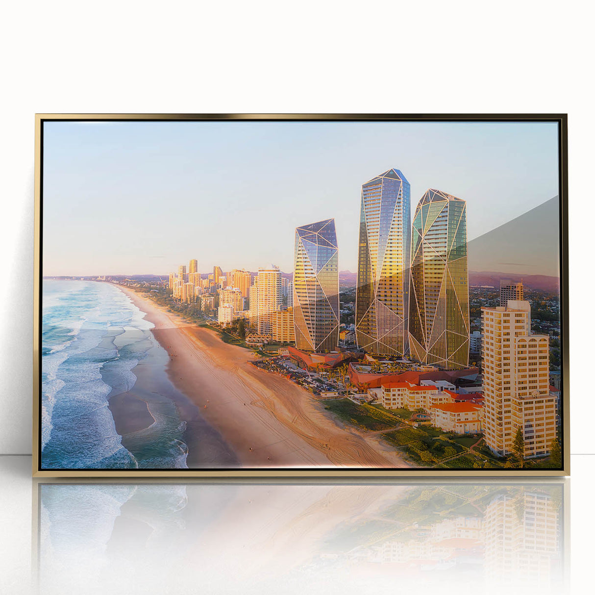 Art deco poster of Queensland scenery in gold tones on acrylic, framed, ideal for modern nursery wall art.
