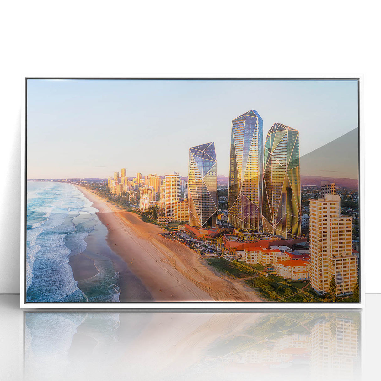 Mid-century modernist art depicting Queensland, Australia scenery in a white framed acrylic, suitable for nursery wall decor.